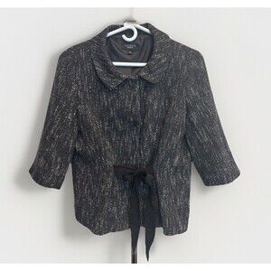 Talbots Black Tweed 3/4 Sleeve Blazer Jacket Ribbon-Tie-Front Career Work Sz 12